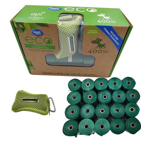 Eco Waste Bags 400ct with 1 Fabric Dispenser, 23cm*33cm*15mic, 20 bags/roll, 20 rolls/pack, Great Value Eco Dog Poop Bags 400ct with 1 Fabric Dispenser