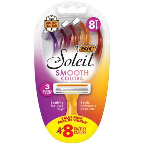 Rasoirs jetables femme BIC Soleil Color Collection Sensitive Skin, 3 lames, 8 unités, bande lubrifiante aloès et vitamine E pour un glissement doux Paquet de 8