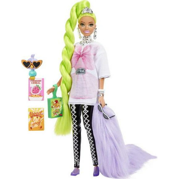 Poupée Barbie Extra n° 11 avec T-Shirt Large et Legging, Très Longs Cheveux Vert Fluo, Points d’Articulation, Figurine Perroquet, Cadeau pour Enfants à partir de 3 ans