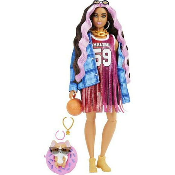 ​Barbie Extra Doll #13 in Basketball Jersey Dress & Accessories, with Pet Corgi, Extra-Long Crimped Hair with Pink Streaks & Flexible Joints, Gift for Kids 3 Years Old & Up
