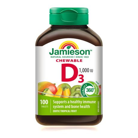 Jamieson Chewable Vitamin D3 1,000 IU Tropical Fruit Flavour, 100 Chewable Tablets