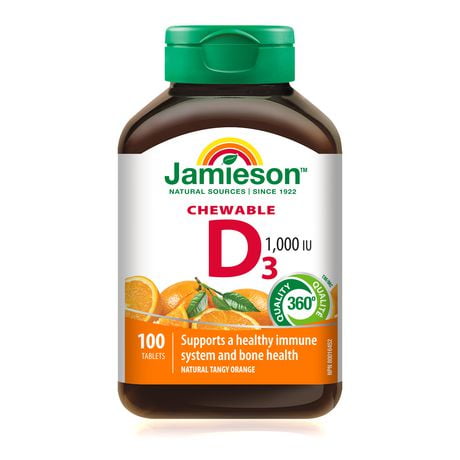 Jamieson Chewable Vitamin D3 1,000 IU Natural Tangy Orange Flavour, 100 chewable tablets