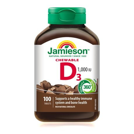 Jamieson Chewable Vitamin D3 1,000 IU Natural Chocolate Flavour Tablets, 100 chewable tablets