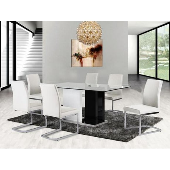 Topline Home Furnishings Black & White 7pc Glass Top Dining Set