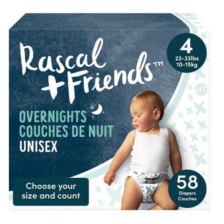 Rascal + Friends Overnights, Nighttime Baby Diapers, Unisex, Sizes 3-6, 42-66 Count