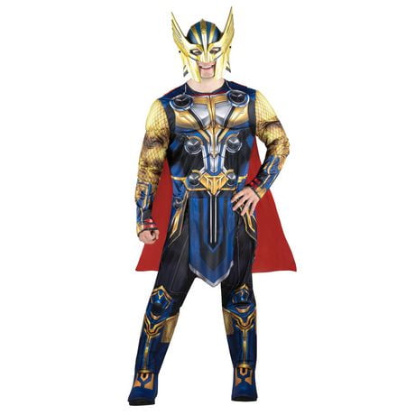 MARVEL Adult Thor Costume - Printed Jumpsuit with Special Padding, Cape, and 3D Plastic Mask