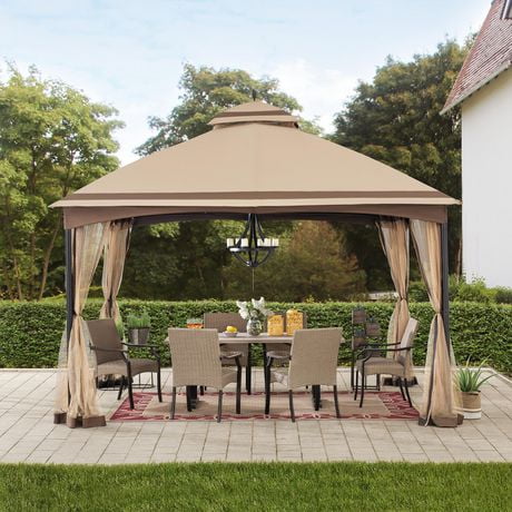 Sunjoy Katy 10.5 ft. x 13 ft. Beige and Brown 2-tier Steel Gazebo with Mosquito Netting