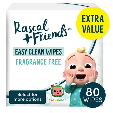 Rascal + Friends Lingettes pour bébé Easy Clean, sans parfum, emballage individuel Paquet individuel (80 lingettes)