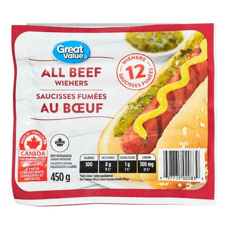 Great Value All Beef Wieners, 12 wieners, 450 g