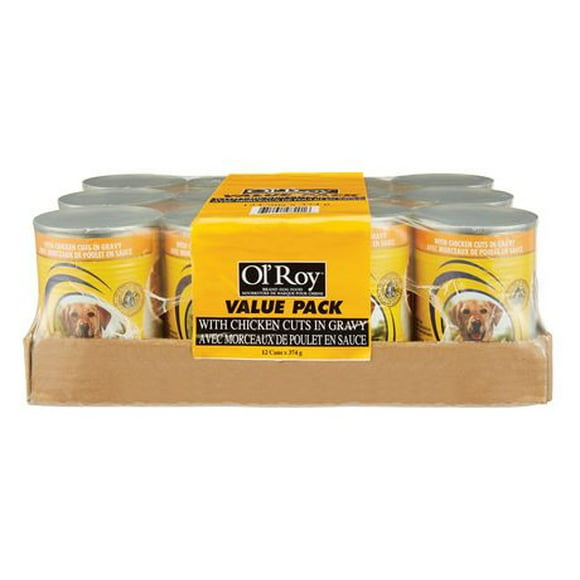 Nourriture Ol’Roy avec morceaux de poulet en sauce pour chiens. Emballage économique. 12 boîtes x 374 g