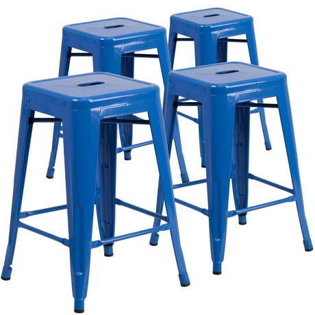 4 Pk Commercial Grade 24 High Backless Blue Metal Indoor Outdoor   6000205780157 