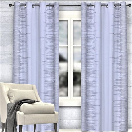 Caricia Home One (1) Esse Stripe Geometric Jacquard Grommet Curtain Panel, 54 x 84, Silver Grey / Blue