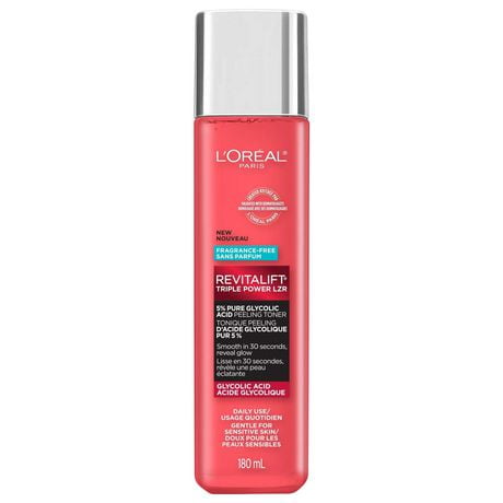 L'Oreal Paris Revitalift Triple Power LZR 5% Glycolic Acid Peeling Toner with Aloe Vera, Smooth Skin & Reveal Glow, Daily Exfoliant for Brighter Skin, Fragrance and Alcohol Free, 180 mL, Gentle, daily-use formula with Pure Glycolic Acid