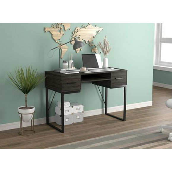 Safdie & Co. Computer Writing Desk 42.5in Dark Grey with 2 Drawers 1 Shelf and Black Metal for Home Office and Small Spaces. Ideal for writing, gaming, study, work from home