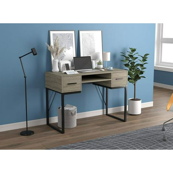 Safdie & Co. Computer Writing Desk 42.5in Long Dark Taupe with 2 Drawers 1 Shelf and Black Metal for Home Office and Small Spaces. Ideal for writing, gaming, study, work from home.