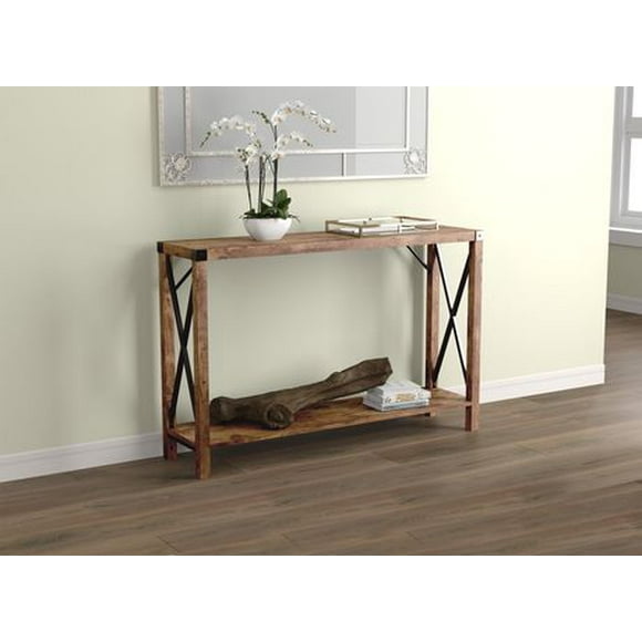 Safdie & Co. Entryway Console Sofa Couch Accent Table 46in L Brown Reclaimed Wood with 1 Shelf and Metal Sides for Living Room