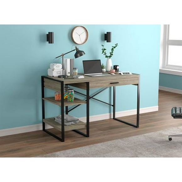 Safdie & Co. Computer Writing Desk 47.65in Long Dark Taupe with 1 Drawer 2 Shelves and Black Metal for Home Office and Small Spaces. Ideal for writing, gaming, study, work from home.