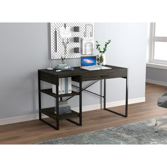 Safdie & Co. Computer Writing Desk 47.65in Long Dark Grey with 1 Drawer 2 Shelves and Black Metal for Home Office and Small Spaces. Ideal for writing, gaming, study, work from home.
