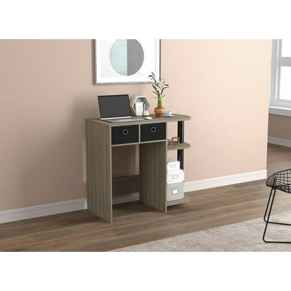 Safdie & Co. Computer Writing Desk 31.5in Long Dark Taupe with 2 Woven Boxes 2 Shelves and Black Metal for Home Office and Small Spaces. Ideal for writing, gaming, study, work from home.