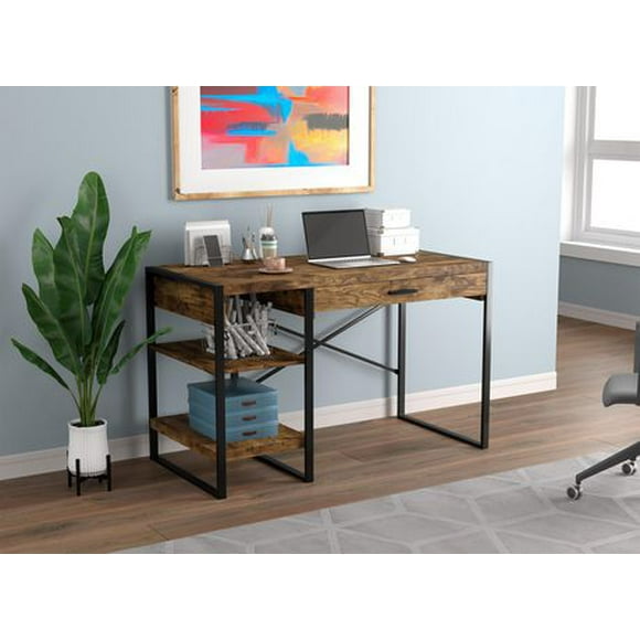Safdie & Co. Computer Writing Desk 47.65in Long Brown Reclaimed Wood with 1 Drawer 2 Shelves and Black Metal for Home Office and Small Spaces. Ideal for writing, gaming, study, work from home.