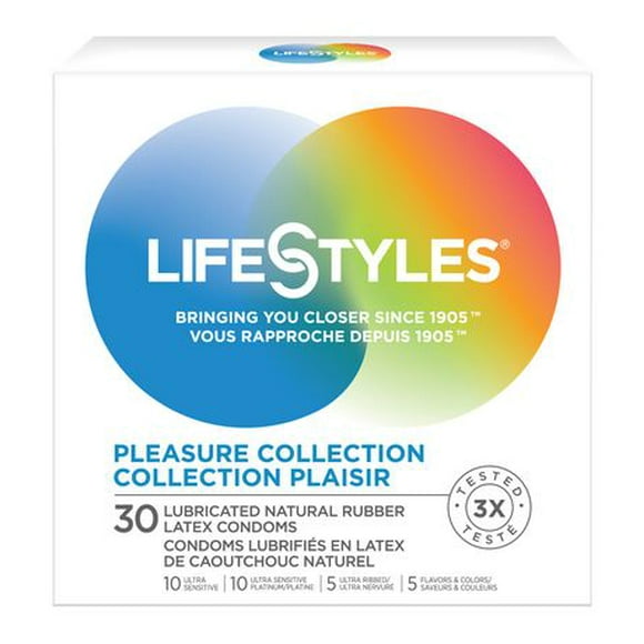 LifeStyles Pleasure Collection | 30 Lubricated Natural Rubber Latex Condoms - 10 Ultra Sensitive, 10 Ultra Sensitive Platinum, 5 Ultra Ribbed, 5 Flavors & Colors, 30 Condoms