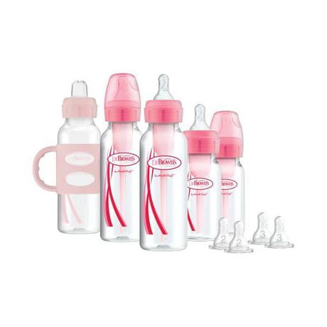 Dr. Brown’s® Natural Flow Anti-Colic Options+ First Year Transitions Gift Set, with Soft Silicone Sippy Spout and Handles, Pink Newborn to Toddler Bottle Set, 9 pieces