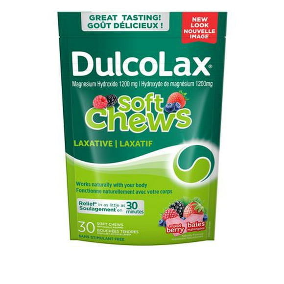 DulcoLax Soft Chews, Laxative for Gentle Occasional Constipation Relief For Adults and Kids Ages 12 and Over, Vegan, Stimulant-Free, Gluten-Free Laxatives, Mixed Berry, 30 Count, 30 count