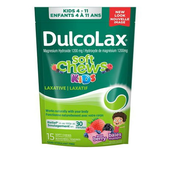 DulcoLax Soft Chews Kids, Laxative for Gentle Occasional Constipation Relief for Kids Ages 4 and Over, Vegan, Stimulant-Free, Gluten-Free Laxatives, Wild Berry, 15 Count, 15 count