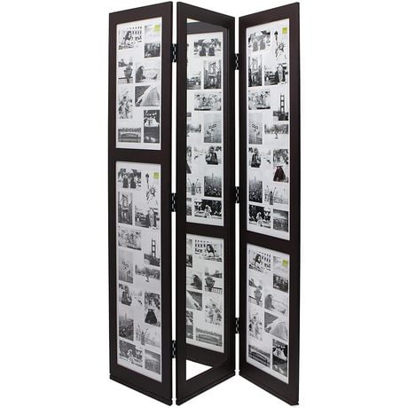 Preston – Paravent à trois panneaux, soit deux panneaux pour photos (42 photos de 4 po x 6 po et 2 photos de 4 po x 4 po) et un panneau miroir (L 42 po x H 65 po).