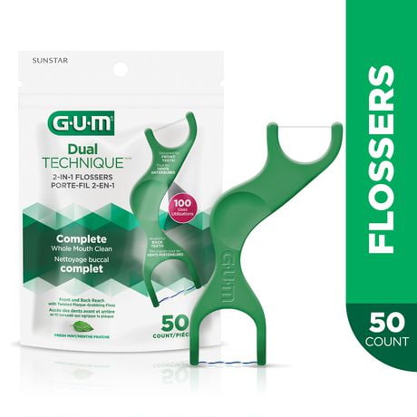 GUM® Dual Technique Flosser Picks, For Front and Back Teeth with Twisted Plaque Grabbing Floss, 50 Count