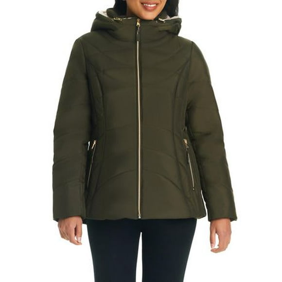 Details Women's Zip Front Bib With Faux Sherpa Hood Puffer Jacket