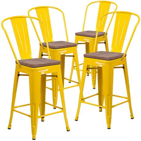 4 Pk 24 High Yellow Metal Counter Height Stool With Back And Wood   6000205787760 