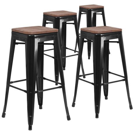 Lot de 4 pièces - Tabouret de bar de 30 po en métal noir sans dossier avec siège carré en bois