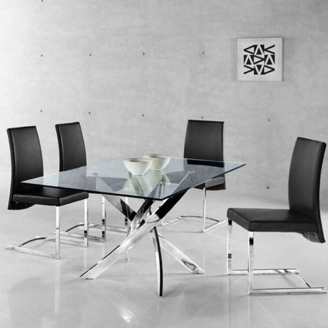 Star Rectangular Glass Dining Table with Chrome Stainless Steel Base Polish Finish