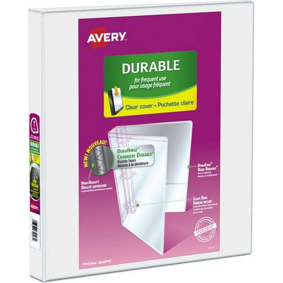 Avery® Durable View Binder with 1" Ring 34002, White, Keep lecture notes, procedures and homework assignments organized with this Durable View Binder.