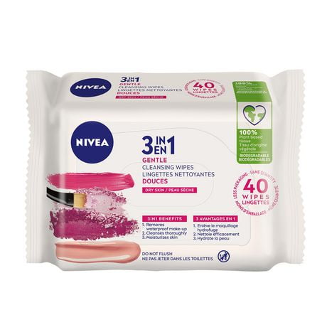 NIVEA 3-in-1 Biodegradable Face Cleansing & Make-Up Removing Wipes for Dry Skin, 40 Wipes