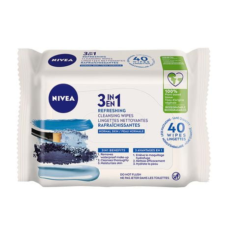 NIVEA 3-in-1 Biodegradable Face Cleansing & Make-up Removing Wipes for Normal Skin, 40 Wipes