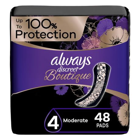 Always Discreet Boutique Incontinence Pads, for Bladder Leaks, Moderate Absorbency, Regular Length, 48CT