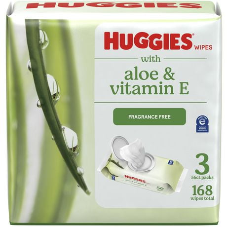 Lingettes Huggies à l’aloès et à la vitamine E, NON PARFUMÉES, 3 emballages à couvercle rabattable, total de 168 lingettes 168 lingettes