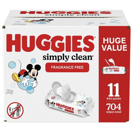 Lingettes pour bébés Huggies Simply Clean, NON PARFUMÉES, 11 emballages à couvercle rabattable, total de 704 lingettes 704 lingettes