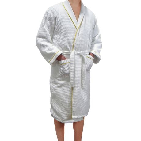 Radiant Saunas European Spa & Bath White Waffle Weave Terry Cloth Robe with Gold Embroidered Trim