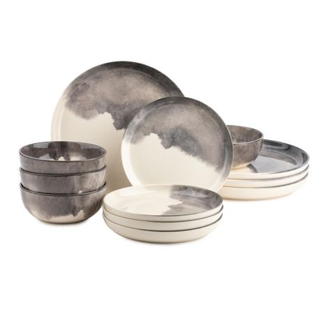Thyme & Table Dinnerware, 12-Piece Set, Light Gray Drip, Dinnerware Set