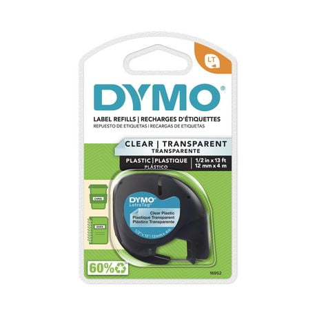 DYMO LT Labelling Tape for LetraTag Label Makers, Plastic Labels, Black Print on Clear Labels, 1/2" x 13-Foot Roll, 12 mm x 4 m