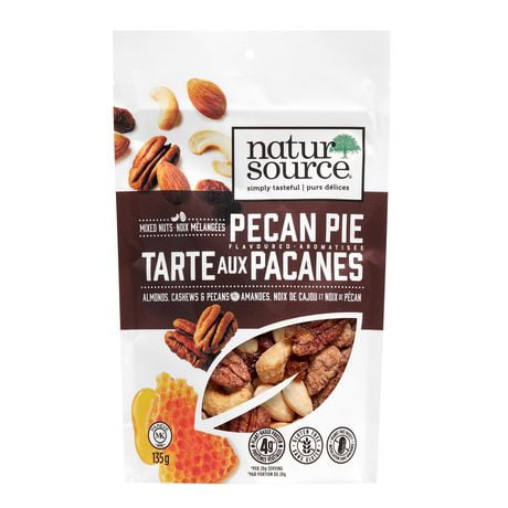 Natursource Pecan Pie Mixed Nuts 135g, •A sweet, salty, and decadent mix with almonds, cashews, pecans and raisins<br>•Dry roasted nuts (never fried)<br>•4g of plant-based protein per 28g serving<br>•2g of fibre per 28g serving<br>•GMO Free<br>•Gluten Free