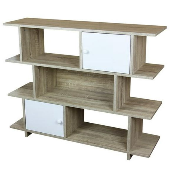 3 Tier Wood Display Book Shelf Organizer Unit with 2 Cabinet Doors, Oak