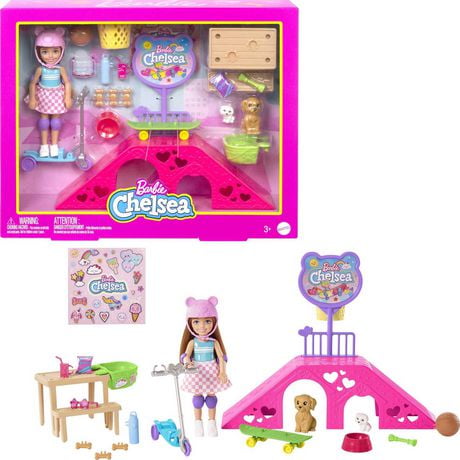 Barbie Toys, Chelsea Doll and Accessories, Skatepark Playset with 2 Puppies and 15+ Pieces, Ages 3+