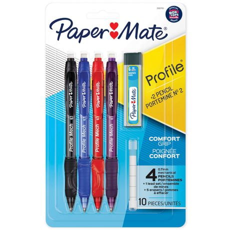 Ensemble de portemines Paper Mate Profile Mech, mine de crayon n°2 de 0,7 mm, comprend une recharge de plomb et des recharges de gomme, couleurs de baril assorties 4 unités