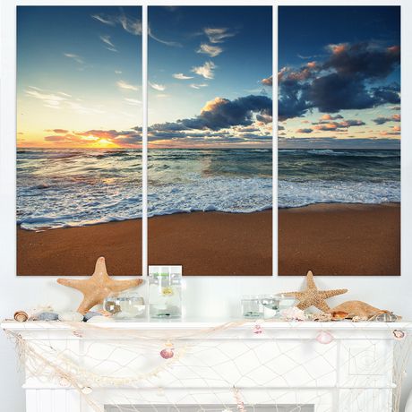 Design Art Sunrise And Glowing Waves in Ocean Seashore Canvas Wall Art ...