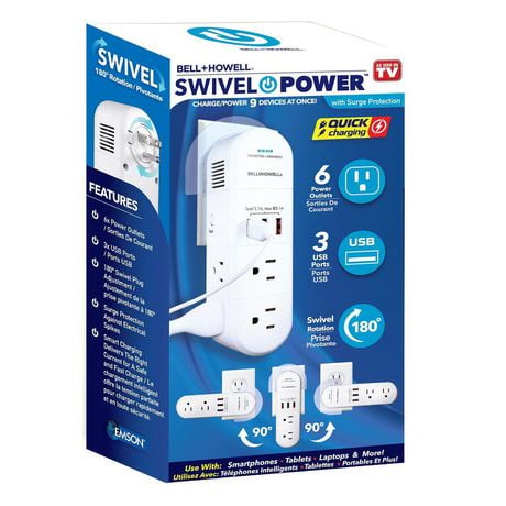 Bell + Howell Swivel Power with Surge Protection, 6 Power Outlets, 3 USB Ports, and Swivel Rotation, Power charging station