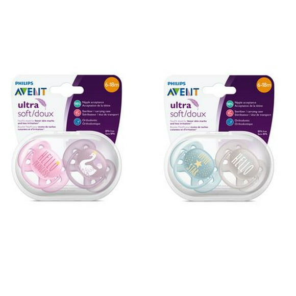 Philips Avent Ultra Soft Pacifier, 6-18 months, Mixed, 2 pack, SCF228/01, 2 pack Ultra Soft Pacifier